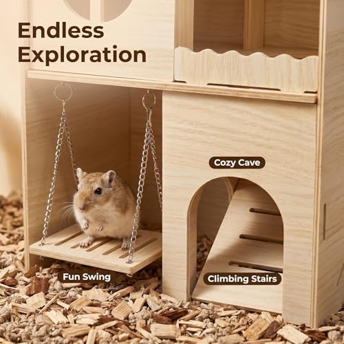 Wooden Hamster Hideout & Cage Accessories - Multi-Chamber Habitat with Swing, Ladder, House and Playground for Climbing - Enrichment Toys for Dwarf Hamster, Gerbil, Mouse, and Small Rodents