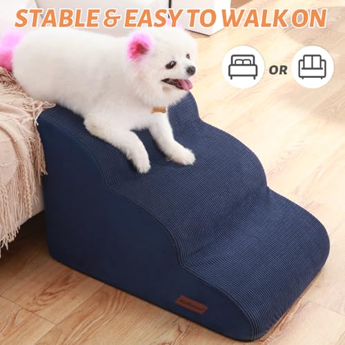 Dog Stairs and Steps for Beds Or Couches, 3-Step Pet Stairs & Steps for Small Dogs and Cats, Soft and Non-Slip Dog Ramp for Older Dogs,Pet with Joint Pain,Easy to Walk | 15.7" H Non-Slip Sturdy Dog Steps with Curved Ramp for Senior,Short-Legged Dogs,Puppy