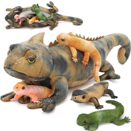 Lizard Stuffed Animal with 4 Babies, 27“ Gray Chameleon Plush Toy | Soft Reptile Plushies; Zipper Belly Storage; Hide-and-Seek Pretend Play; Birthday and Christmas Gift for Kids - style: Lizard Gray