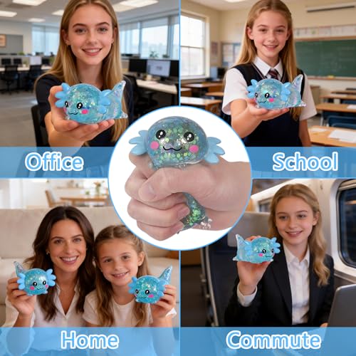 3.94 in Blue Glitter Crawling Axolotl Squishy Slow Rising | Soft TPR, Floating Glitter, squeeze toy, busy hands, stress relief, focus support, home, class, travel, kids and adults - color: Blue