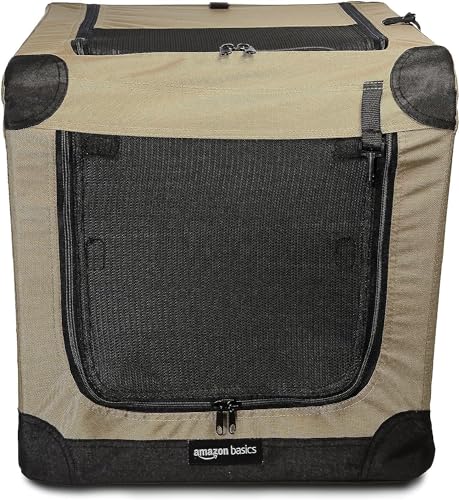 Amazon Basics Portable Folding Soft Dog Crate, 2-Door, Collapsible Travel Kennel, Top & Front Loading, Small 26" x 18" x 18", Tan - color: Tan, size: S 26" x 18" x 18"