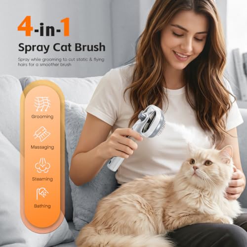 4 In 1 Cat Steam Brush for Grooming, Shedding, Massage, Bathing,Anti-Static | Anti-Static & Reduce Flying Fur.Suitable for All Long-haired and Short-haired Pets