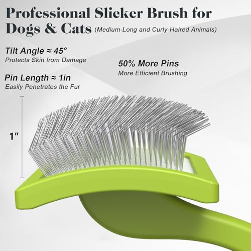 2PCS Slicker Brush for Dogs & Pet Comb,Professional Dog Grooming Brush (Goldendoodles,Poodles,Labradoodles) with Extra Long Pins to Effectively Remove Tangles, Knots and Mats (Green, Large) - color: Green, size: Large
