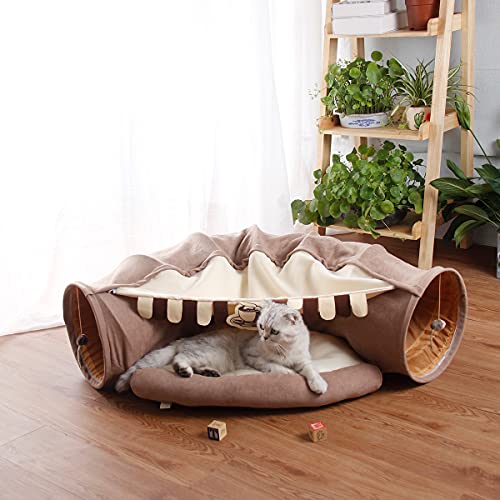 LEFTSTARER 2-in-1 Collapsible Cat Tunnel for Indoor Bed and Hideout - Pet Dog Rabbit Bunny Ferret Tunnel Tubes Toys with Removable Washable Mat, Tower Wheel Stuff - color: 2.Coffee