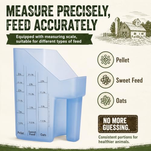 Uiifan 2 Pcs 3 Quart Horse Feed Scoop with Measurements, Heavy Duty Plastic Livestock Measuring Scoop for Grain, Pellets, Oats, Sweet Feed, Goat, Sheep and Cattle Supplies (Blue) - style: Blue