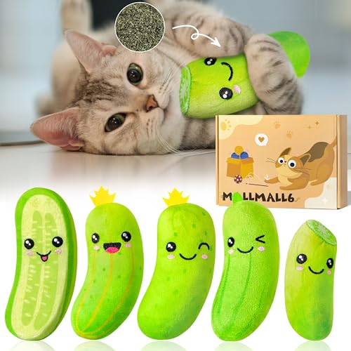 MALLMALL6 Pickle Catnip Cat Toys - 5Pcs Indoor Kitten Chew Bite Kick Cucumber Catmint Interactive Toys for Cat Lover Gifts, Kitty Boredom Relief Supplies with Cute Expression for Pet Birthday Presents - style: Pickle(Large)
