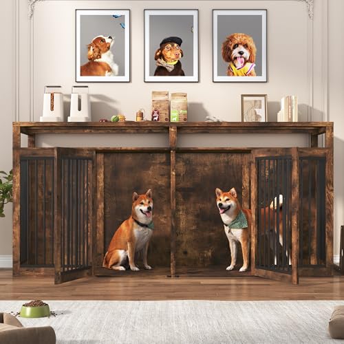 87In Extra Large Dog Crate Furniture for 2 Dogs, Farmhouse Dog Kennel Furniture, Dog Crate TV Stand with Solid Metal Tube & 4 Lockable Doors, Heavy-Duty Double Cage Dog, Rustic Brown - color: Rustic Brown