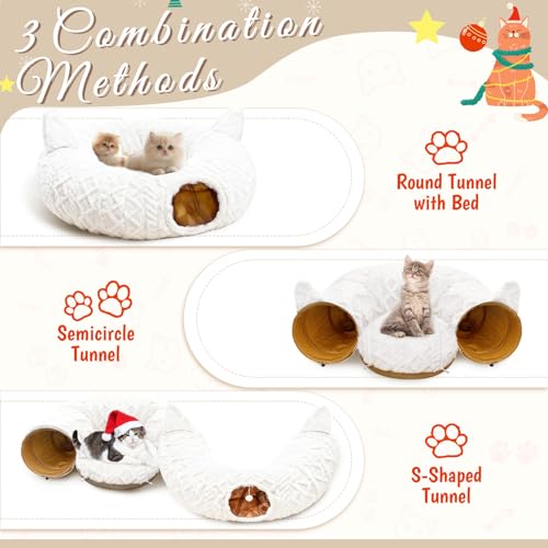 OurWarm Large Cat Tunnel Bed for Indoor Cats with Soft Cushion & Cat Toys, Round Under Tree Cats Donut Tunnel Christmas Tree Skirt, White Plush Pet Peekaboo Cave for Kitten/Puppy/Rabbit to Play - color: Grid