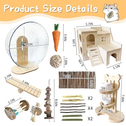 18 Pcs Hamster Cage Accessories, Natural Wooden Hamster Toys,Hamster Chew Toys Set ,Natural Wooden Hamster Wheel Maze Wood House Hideout Seesaw and Water Bottle Set for Rat Mice Small Animals Habitat