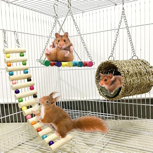 Hamiledyi Hamster Hanging Hammock 3 Piece Wooden Rat Ladder Swing Set Cage Clmbing Toys Accessories for Syrian Hamster Sugar Glider Bird Mice Playing Sleeping