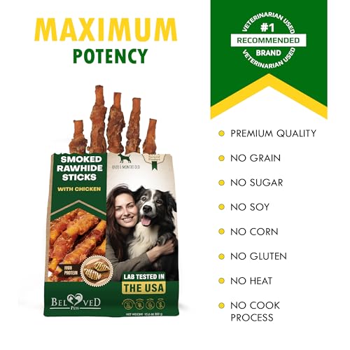 Dog Smoked Rawhide Sticks Wrapped Chicken & Pet Natural Chew Treats - Grain Free Organic Meat & Healthy Human Grade Dried Snacks in Bulk - Best Twists for Training Small & Large Dogs - Made for USA