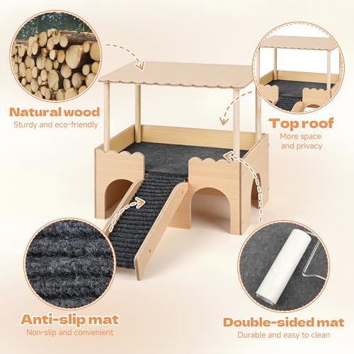 Wooden Guinea Pig Hideout Castle with Stairs,Small Animal Bed Hut Habitats Spacious 2-Level Detachable Small Pet House for Rabbits, Hamsters & Chinchillas Bunny (Updated Grey) - color: Updated Grey