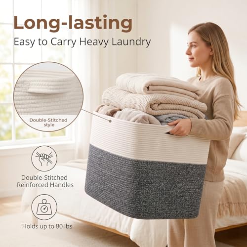 OIASKET 108L Cotton Rope Storage Basket for Living Room and Bedroom 25"x16"x16" Woven Laundry Basket, Heavy Duty Bin for Blankets, Pillows & Toys, Pet-Safe & Scratch-Free, Dark Grey and White - color: Dark Grey & White
