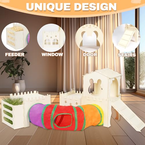 Extra Large Wooden Rabbit Hideout with Tunnels and Hay Feeder - Multistory Bunny Castle with Stairs, Climbing Tower and Sturdy Habitat for Indoor Bunnies, Guinea Pigs, Chinchillas Small Animal - color: -Natural -02
