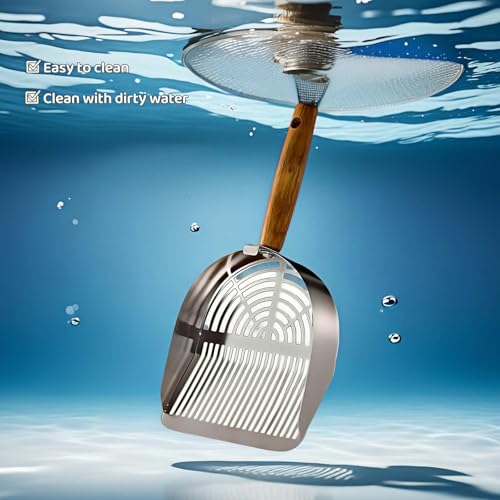 Premium Stainless Steel Cat Litter Scoop-Triple Guard Walls&Non-Stick Design,Silver,Flat Shovel Head Design Solid Deep Edge Wood Handle,Dual Hooks 1Pack,6.1x5.3inch (Silver long strip) (Silver) - color: Silver