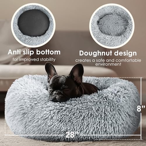 28in Large Dog Bed, Medium Size Dog and Cats, Calming Donut Bed for Puppy and Kitten, Washable Round Fluffy Pet Bed (Light Grey) - color: Light Grey, size: 28.0"L x 28.0"W x 8.0"Th