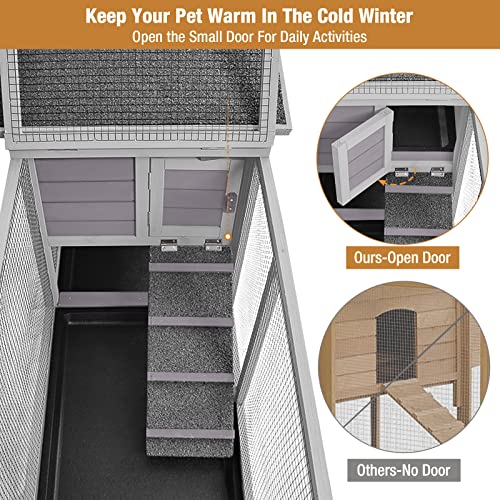 GUTINNEEN 2-Story Rabbit Hutch for 2-4 Bunnies - Wooden Guinea Pig Cage with Wheels, Pull-Out Trays & Waterproof Asphalt Roof, Indoor Outdoor - size: 93.7"L x 22.6"W x 33.5"H