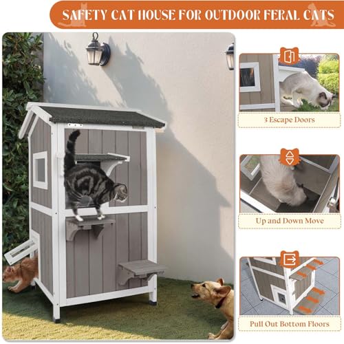 Outdoor Cat House Weatherproof Cats Shelter for Feral Kitten Pet Houses for 1-2 Small Animlas 2 Story Wooden Houses for Indoor Outdoor Cats with Escape Doors (23.5" L x 27" W x 38" H Grey) - style: 23.5"L x 27"W x 38"H GREY