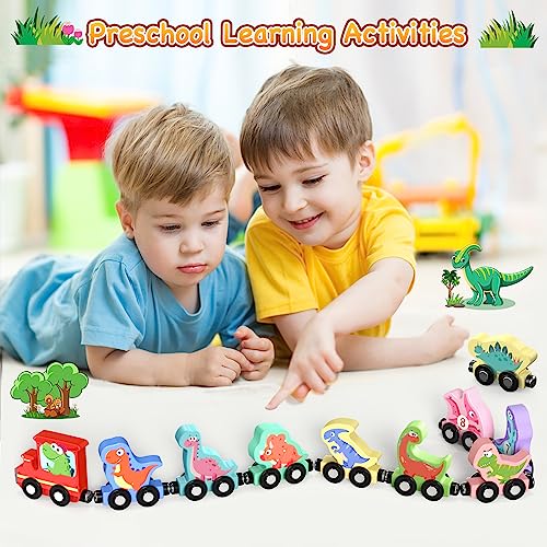 Zeoddler Toys for Toddlers, 11 Magnetic Wooden Dinosaur Train Set, Montessori Toys for Toddlers, Preschool Educational Material for Kids, Birthday Gifts for Boys, Girls - style: Dinosaur