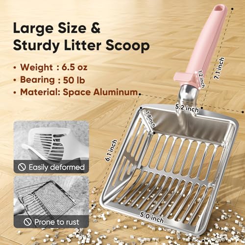 Metal Cat Litter Scoop, Large Cat Scooper with Deep Shovel & Dual Sifting Holes for Fast & Precise Sifting, Space Aluminum Kitty Litter Scooper with Long Handle & Easy-to-Hang Hook - Pink - color: Pink