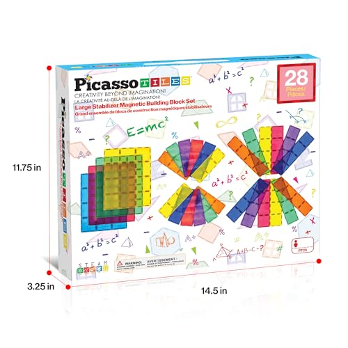 PicassoTiles 28 Piece Large Magnetic Tiles, Stabilizer STEM Set for Kids 3+ | Doubles as foundation, column, pillar support, extra strong magnets, vivid clear colors, safe creative preschool play time - style: 28 pcs XL Plate