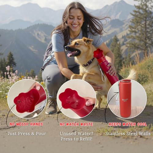 Stainless Steel Dog Travel Water Bottle, Vacuum Insulated Portable Dog Water Dispenser, Drink Cup and Snack Container On The Go, Outdoor Walking, Hiking, Travel (Red, 22oz) - color: Red