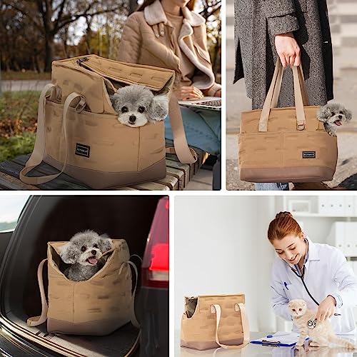Petsfit Small Dog Carrier Purse, Portable Pet Carrier Tote Cat Carrier with Pockets, Adjustable Safety Leash, Poop Dispenser, Waterproof TPU Bottom,Khaki - color: Khaki