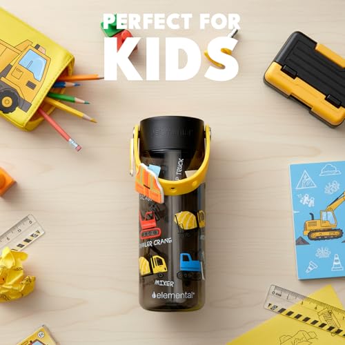 Elemental Water Bottles for Kids - Splash Kids Water Bottle for School with Fun Charm Handle - BPA Free Tritan Plastic Bottle with Straw Leak Proof When Spout is Closed - 18oz - Construction - color: Construction