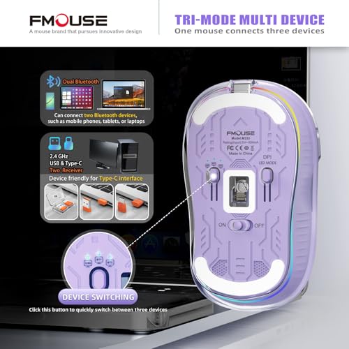 FMOUSE Transparent Wireless Mouse, Tri-Mode Bluetooth & 2.4GHz, Purple | USB-A & USB-C Receiver | Rechargeable | 3 Devices for MacBook Laptop iPad PC | Silent Clicks | Portable | RGB | 4-Level DPI - color: Purple