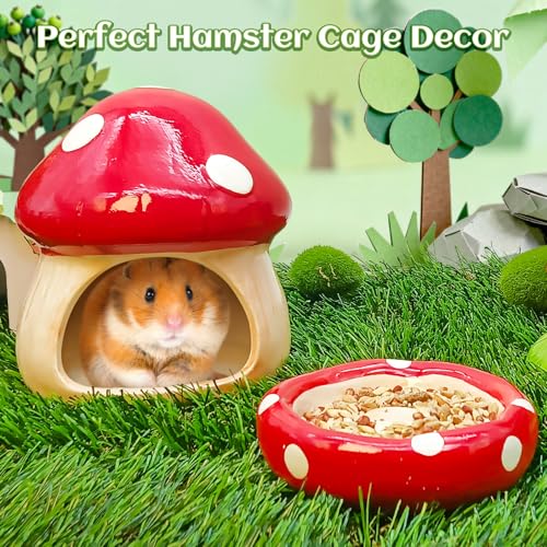 BNOSDM Ceramic Hamster Hideout Cute Mushroom Shape Hamster House and Habitat Cool Hamsters Hide Suitable for Syrian, Mice, Dwarf Hamsters, Gerbils (Red) - color: Red Hideout Solo