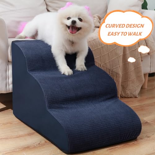 Dog Stairs and Steps for Beds Or Couches, 3-Step Pet Stairs & Steps for Small Dogs and Cats, Soft and Non-Slip Dog Ramp for Older Dogs,Pet with Joint Pain,Easy to Walk | 15.7" H Non-Slip Sturdy Dog Steps with Curved Ramp for Senior,Short-Legged Dogs,Puppy