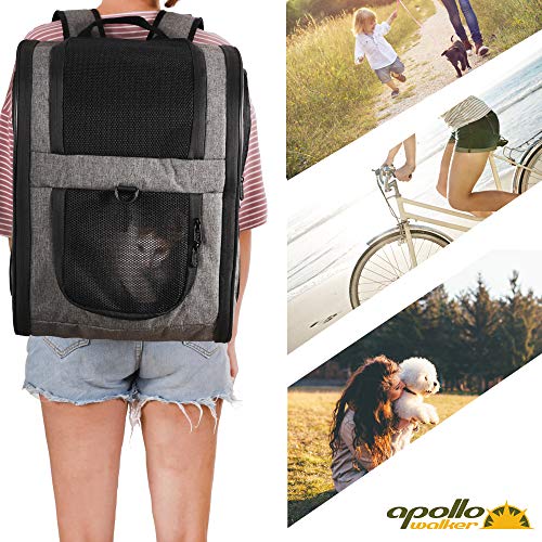 Apollo Walker Cat Carrier Backpack for Small Dogs and Cats Up to 18 lb | Side Pockets, Four-Sided Breathable Mesh, Stability Package, Removable Pad,3D back panel,Thickened shoulder straps - color: gray