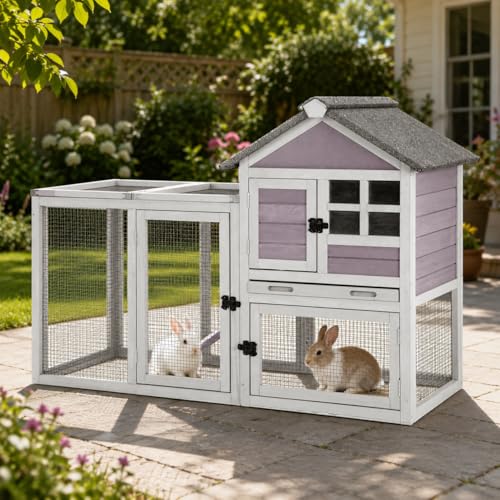 GUTINNEEN 51.6 in Rabbit Hutch, 2-Level Wooden Bunny Cage with Ramp, 3 Lockable Doors & Removable Tray, Weather-Resistant Indoor Outdoor Rabbit Cage, Grey - color: Grey