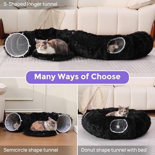 Cat Tunnel with Bed – Soft Plush Peekaboo Donut Cave for Indoor Cats | Under Christmas Tree Hideaway & Multifunctional Playground Toy for Kittens, Rabbits, Ferrets (Long-Pile Fabric Black) - color: Long-pile fabric Black