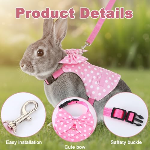 Rabbit Harness and Leash Set, Pink Polka Dot Bunny Suit, Cute Easter Bunny Clothes with Cute Bow for Outdoor Training Camping Walking Escape Proof Pink(M) - size: M