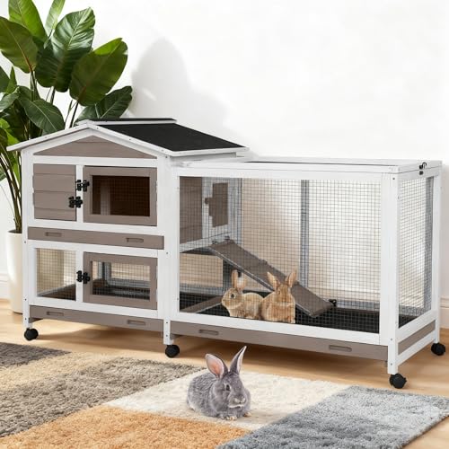 62″ 2-Story Large Rabbit Hutch with Chew-Proof Ramp, 3 Leakproof Trays, Waterproof Roof, 6 Lockable Wheels for Rabbits & Guinea Pigs (Brown) - color: (Brown)