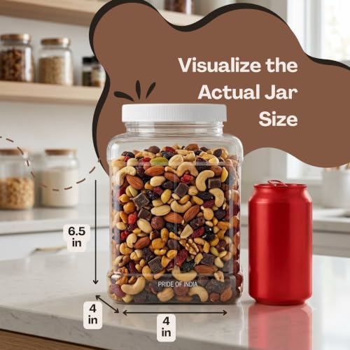 Pride of India Clear Food Grade PET Plastic Jar – 48 Fluid Ounce | Square-Grip Plastic Containers for Snacks, Candy, Cereal, Pet Food, Kitchen, Pantry & Household Storage (4-5 Cup Storage Capacity) - size: Large Square Grip Jar & Cap