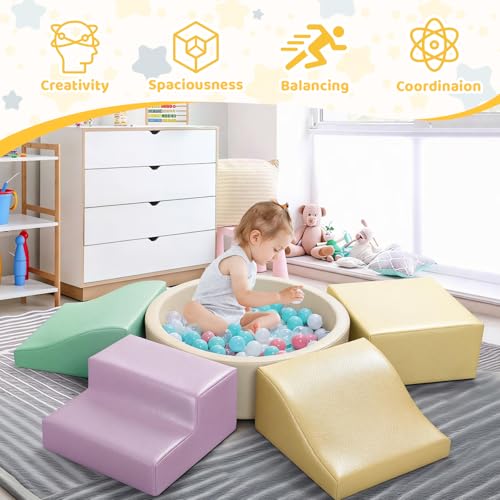 Hoohtoot Foam Climbing Blocks for Toddler: with 4-Piece PU Leather Climbing Toys and a Ball Pit - Foam Ball Pit for Toddlers - Climbing Toys Indoor for Kids Crawling (Yellow Climbing Blocks) - style: Yellow Climbing Blocks