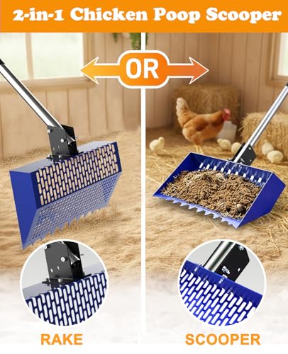 Chicken Poop Scooper & Rake with 3-Angle Adjustable Sifting Shovel | 12" Stainless Steel Chicken Coop Scoop for Sand, 22-64" No-Bend Poultry Litter Cleaner for Chicken Coop & Animals House