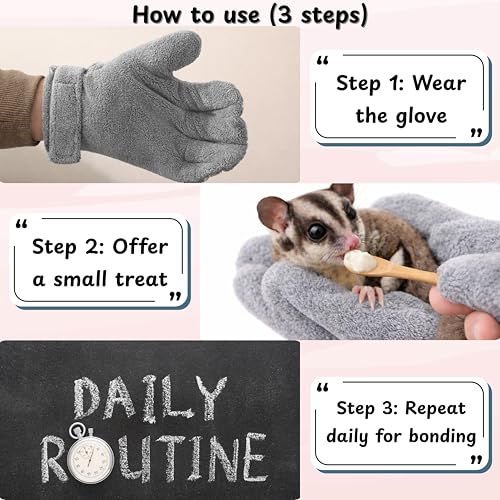 Sugar Glider Cage Accessories Pet Handling Gloves, 2 Soft Bonding Mitts + 2 Mini Feeding Spoons, Cage-Side Care Set Grooming, Treat Portioning Daily Handling, For Sugar Glider Hamster Hedgehog (Grey) - color: Grey