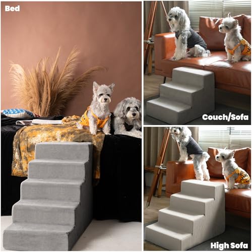 MEWANG Dog Stairs for Small Dogs, Medium Dogs & Old Cats – 4-Step Pet Ramp with High-Density Foam for Bed and Couch, Non-Slip Bottom, Washable Cover, Grey (23.9" L x 14.9" W x 18.2" H)
