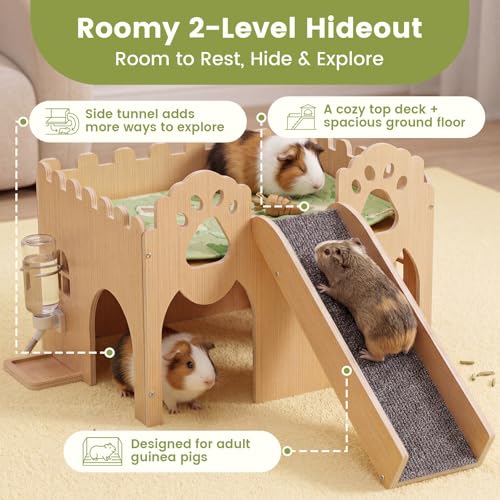 Guinea Pig Castle Extra Large, Sturdy Wooden Hideout House Ventilated Multi-Entry Small Animal Habitat, Easy to Assemble for Guinea Pigs, Bunnies, Hamsters, and Chinchillas