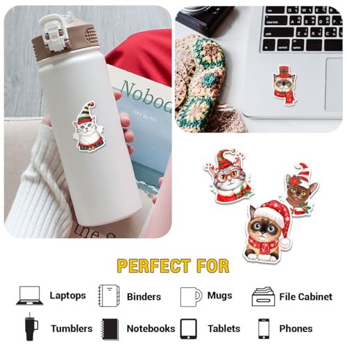 (12pcs-3in) Christmas Cat Sticker Stickers for Cute Holiday Kitty Gift Sets | Gifts For Cat Lovers Parents Friends Kids Teacher For Laptop Water Bottle Tumbler Notebook Journal Scrapbook Phone Crafts Mug - color: Cat 4, size: 3 Inches