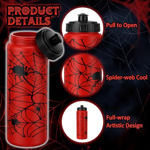 12 Pack 20 oz Spider Web Plastic Water Bottles Bulk, Red Reusable Squeeze Water Bottles with Pull Top Lid, Portable Leakproof for Spider Birthday Party Supplies, Party Favors - style: Spider