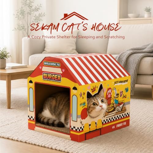 SEKAM Cardboard Cat House with Scratcher/Catnip, (16.5''x12''x15'') Burger Shop for Indoor/Outdoor Cats, Cat Play House&Home Decor, Cat Scratch Toy, Hideout for Bunny&Small Animals - color: hamburger shop