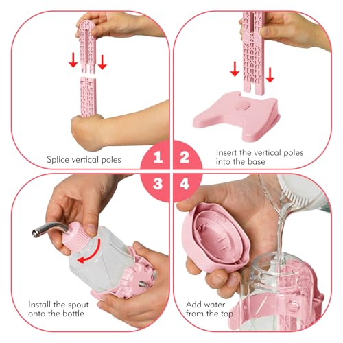 VANNON Pet Standing Water Dispenser Top Fill Dog Water Bottle Dispenser with Stand Leakproof Pet Slow Water Bottle for Small Animals, 13oz, BPA Free, Adjustable Height, Pink - color: Pink