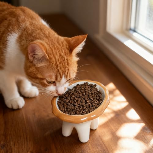Lion Themed Tilted Ceramic Pet Bowl - High-Raised Cat/Dog Dish, 15° Anti-Regurgitation, 120g Large Capacity - color: Yellow Lion