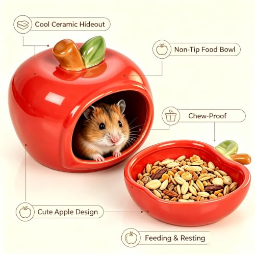 Ceramic Hamster Hideout & Food Bowl Set, Red | Apple-Shaped, Chew-Proof Sleeping Cave, Cooling Shelter Function, 2.9-inch Entrance, For Syrian Dwarf Hamsters, Mice - color: Red