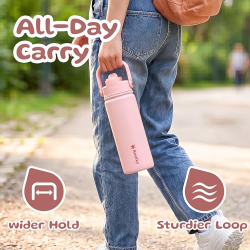KEWIXY 14 oz Water Bottle with Straw, Easy Slide Lid, Leak Proof, Keep Cold 24H, Vacuum Insulated, Metal Stainless Steel with Handle for School, Candy Pink - color: Candy Pink, size: 14 Ounces