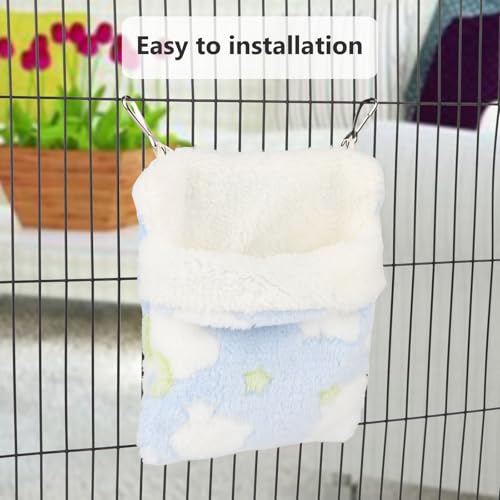Sugar Glider Sleeping Pouch Hanging Bed for Small Pets, Blue | Soft flannel warm & cozy, pouch snuggle design, metal hooks for easy hang, portable, fits hamsters/rats/hedgehogs/squirrels - color: Blue